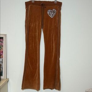Twisted Heart Y2K Brown Velour Wide Leg Track Pants Rhinestone Heart Beaded